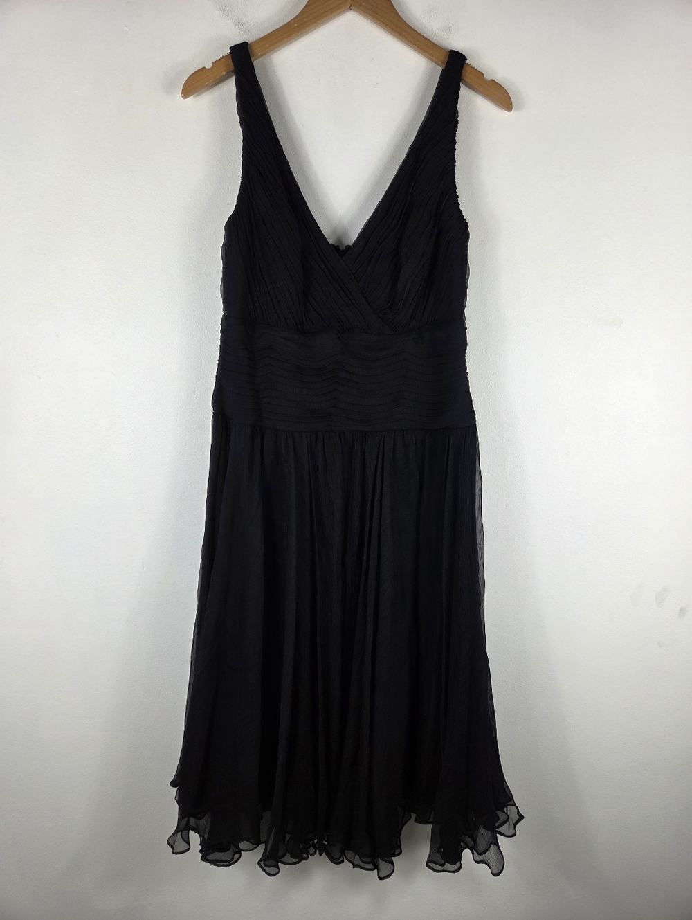Tadashi Shoji Collection Silk Crinkled Ruched Pleated V Neck A Line Dress